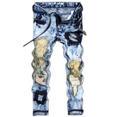 Men's ink-splashed ripped colorblock jeans